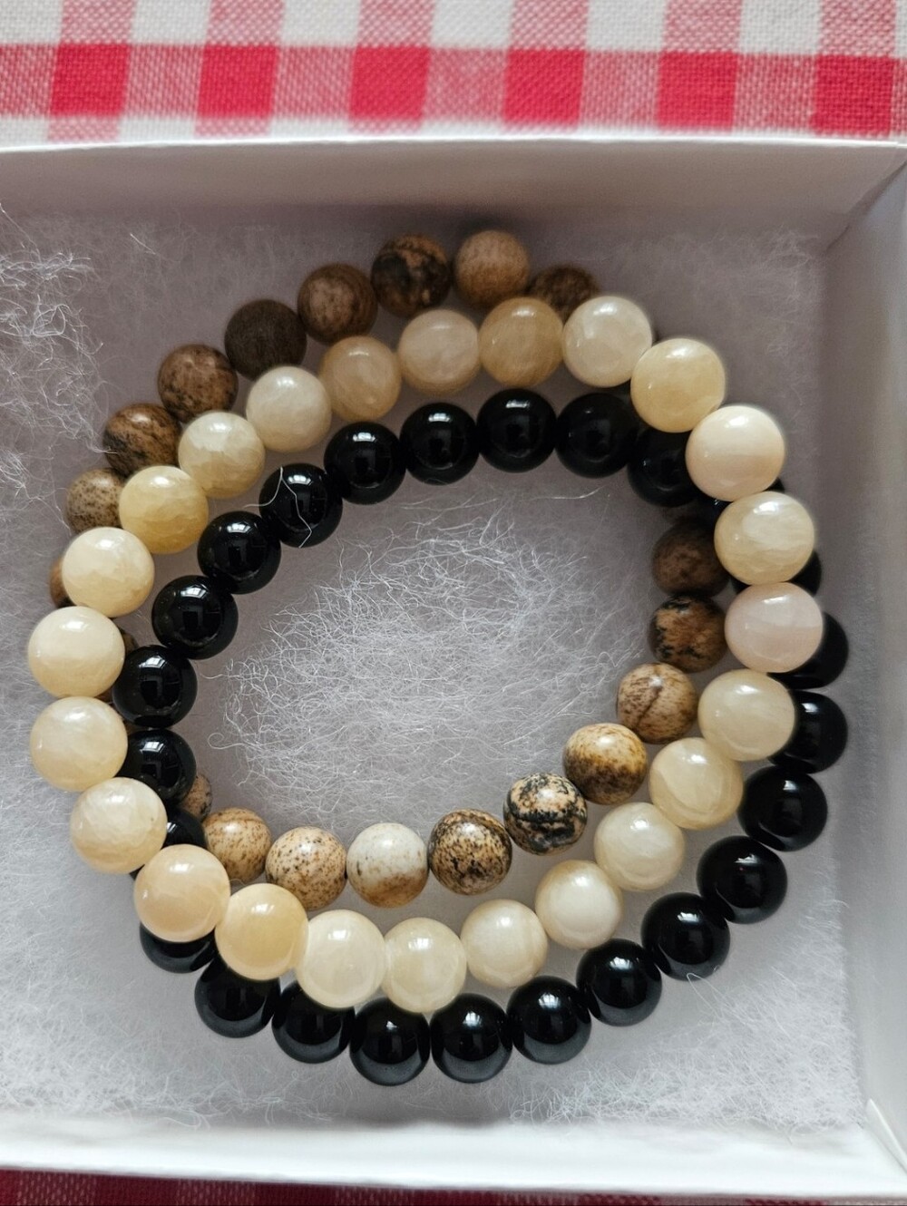 3 Natural Walnut Jasper Stone, Black Obsidian And Yellow Quartz Beaded Bracelets